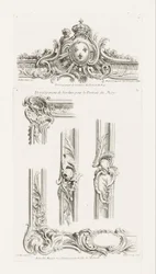 Conception de cartouche avec les armes du roi centrées dans une bordure